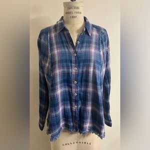 Free People Blue Plaid Button Down Shirt Size Small